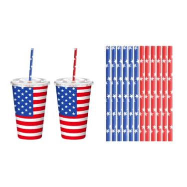 Imagem de AnyDesign Conjunto de 50 xícaras de café descartáveis patrióticas com tampas e canudos, 473 ml, bandeira dos EUA, 4 de julho, copo de papel para decoração de festa do Dia dos Veteranos da