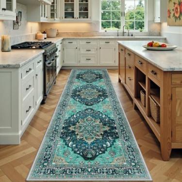 Imagem de RELEANY Tapetes de área de 6 x 18 cm, lavável, antiderrapante, estampa floral, vintage, tapete medalhão para sala de estar, quarto, sala de jantar, verde-petróleo, azul lago turquesa