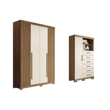 Imagem de Guarda Roupa e Cômoda Solteiro e Closet QC336 4 Portas de Bater 2 Gavetas em MDF com Prateleiras Jatobá Areia