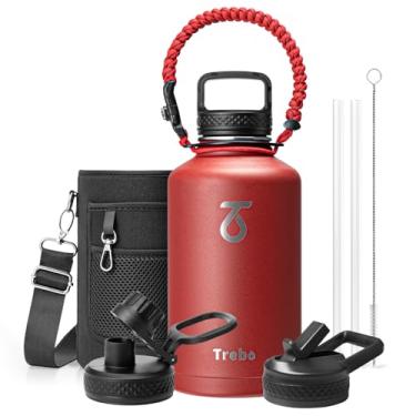 Imagem de Trebo Garrafa de água de 1,8 g com alça de paracord, jarro de água isolado de aço inoxidável de parede dupla grande de meio galão com alça de suporte e tampas de bico de palha, à prova de vazamento