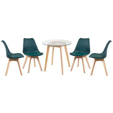 Imagem de Loft7, Kit Mesa de vidro Leda 70 cm + 4 cadeiras estofadas Leda verde escuro