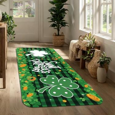 Imagem de Tapete de corredor do dia de São Patrício 43 x 129 cm, tapete de entrada da sorte trevo verde, tapete de porta longo antiderrapante para corredor, cozinha, porta da frente, decoração sazonal de casa