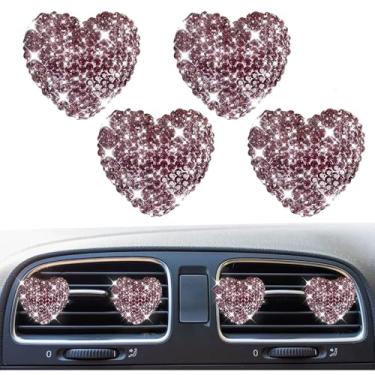 Imagem de 4 peças de clipes de ventilação de carro em forma de coração fofos de cristal brilhante, saída de ar condicionado automático de strass, pingente difusor de aromatizador, acessório de decoração de