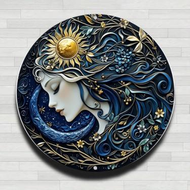 Imagem de Placa de parede redonda de metal de alumínio rústico vintage com flores de sol e lua, 20 cm, presentes e decoração para casa, escritório, café e quintal