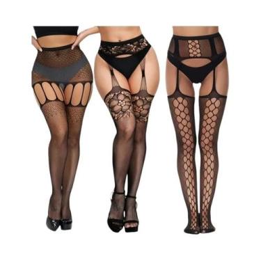 Imagem de Meias-calças Femininas Sensuais De Rede Até a Coxa, 3 Peças, Com Padrã