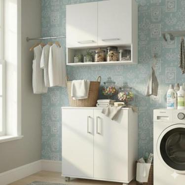 Imagem de Kit Armário Lavanderia Multiuso 4 Portas Com Rodinhas Com Nicho 4 Prat