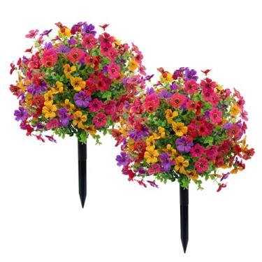 Imagem de Pacote com 2 árvores de topiária de buxo artificial com flores coloridas, arbustos falsos de 58 cm, arbustos com espiga, árvore perene sintética resistente a UV para decoração de jardim externo