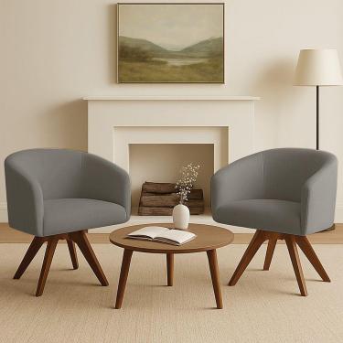 Imagem de Poltrona Sala Base Giratória Madeira Kit 2 Arielle Linho Grafite D03 - D'rossi