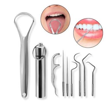 Imagem de Kit 7 Instrumentos Inox Dental Tártaro 1 Raspador Língua Limpeza Denta
