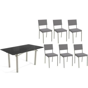 Imagem de Sala De Jantar Completa Elba Tampo Madeirado C/ Vidro 160cm E 6 Cadeiras Zaria Niquel/preto - Suede Cinza - Kappesberg