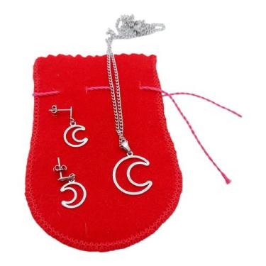 Imagem de Conjunto Feminino AÇO INOX CHOKER Colar Brinco LUA PRATA - ASA