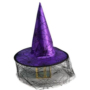 Imagem de Festa de Halloween com chapéu de bruxa Flocking Spider Web Lace Veil -