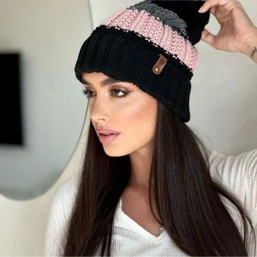 Imagem de Touca Lã Tricô com Pompom Listrada Macio Quentinho Antialérgica - Supr