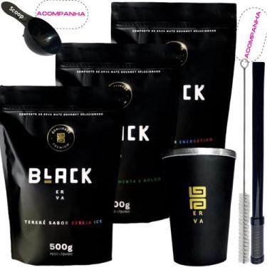 Imagem de Kit 3 Pacotes Black Erva Mate Tereré + Copo de Alumínio Térmico + Bomb