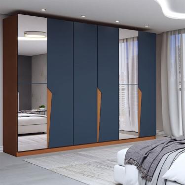 Imagem de Guarda-Roupa Casal Luxe 2,42 Metros 6 Portas 4 Gavetas com Espelho Freijó/Azul - Panorama Móveis