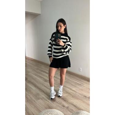 Imagem de Conjunto Saia Godê Curta Blusa Listras Manga Bufante Tricot Cor:Preto/
