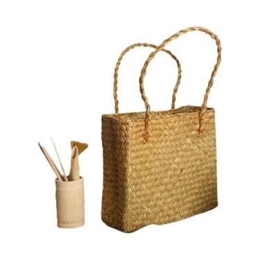 Imagem de Bolsa De Ombro Feminina Artesanal De Palha De Rattan E Bambu Trançado 