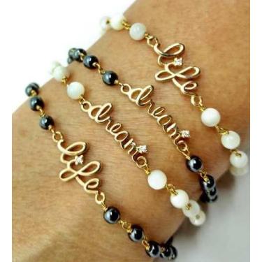 Imagem de Pulseira Life Dream Cravejado Madrepérola Grafite Banho De Ouro 18k 29