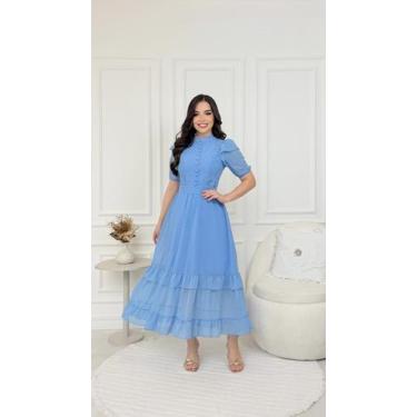 Imagem de Vestido Feminio Evangelico Longo Glamuroso Para Santa Ceia Cor:Azul be