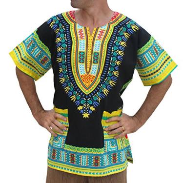 Imagem de RaanPahMuang Marca unissex brilhante africano preto Dashiki camiseta de algodão, Preto - amarelo, XX-Large