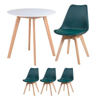 Imagem de Loft7, Kit Mesa redonda Leda 70 cm branco + 3 cadeiras estofadas Leda verde escuro