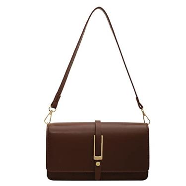 Imagem de Bolsa tiracolo feminina casual de couro vegano com aba e alça a tiracolo clássica retrô elegante bolsa de ombro para axilas, Marrom, Medium