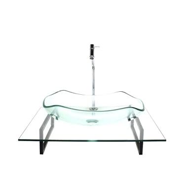 Imagem de KIT CUBA DE VIDRO ABAULADA INCOLOR COM TAMPO 60CM INCOLOR E SUPORTE TORNEIRA VALVULA