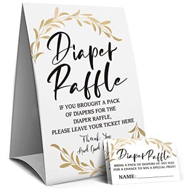 Imagem de Placa de rifle de fraldas folhas douradas, jogo de chá de bebê, kit de rifle de fraldas, conjunto de convite de chá de bebê - 1 placa e 50 cartas de adivinhação (5A)