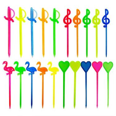 Imagem de Palhetas de plástico para coquetel Honbay 200 peças palhetas de frutas palitos de dentes de comida palhetas de aperitivo para casa e festa, flamingo/coração/música Nota/forma de espada, 3,2 polegadas