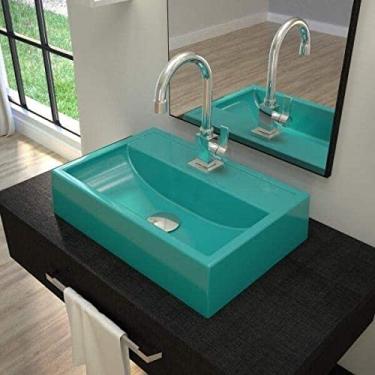 Imagem de Cuba de Apoio Q450W com Torneira Luxo e Válvula Click com Sifão e Flexível Compace Azul Turquesa