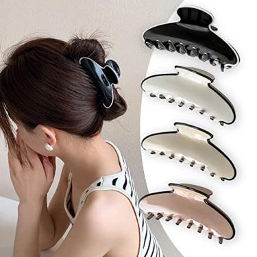 Imagem de Presilhas de cabelo vintage 4 peças para mulheres cabelo grosso, ácido acético antiderrapante grampos de cabelo rabo de peixe/torção bonitos grampos de cabelo médios grandes acessórios de cabelo fino fixação forte (2 pretos + 2 bege (4 peças))