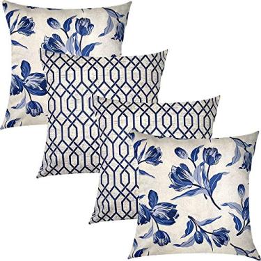 Imagem de Kit 4 Capas de Almofadas Floral e Geométrico Azul Sued Premium 45x45cm