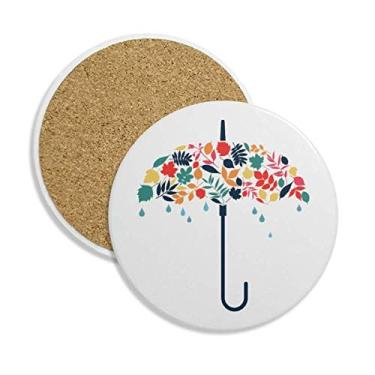 Imagem de Caneca de porta-copos com estampa de folhas guarda-chuva, pingo, chuva, clima e proteção de mesa, pedra absorvente