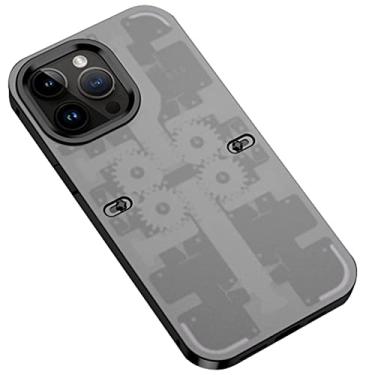 Imagem de DENSUL Capa para iPhone 14/14 Pro/14 Plus/14 Pro Max, capa de vidro temperado, traseira estilo legal 44 engrenagem mecânica, capa de telefone de proteção de lente de liga de alumínio, preta, 14 pro max 6,7 polegadas