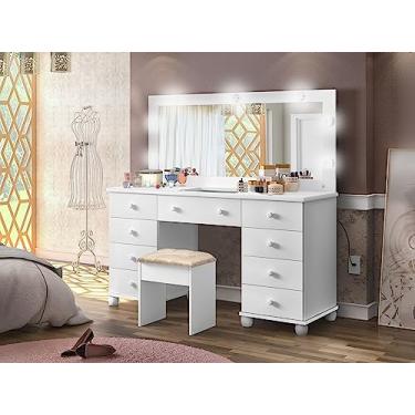 Imagem de Potente Móveis Penteadeira Camarim Branca Original com Led e Banqueta 9 Gavetas MDF e Madeira Contemporânea