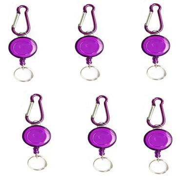 Imagem de Suporte de rolagem de crachá retrátil de 6 peças gancho e laço corda de fio de aço chaveiro retrátil mini ferramenta pequena retrátil ao ar livre (Roxo)