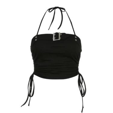 Imagem de Blusa feminina com fivela sem mangas, nuas, corpete, franzida, com cordão, colado ao corpo, camisola, camisola, camisola, sem mangas, para mulheres