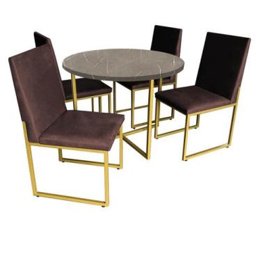 Imagem de Kit Mesa De Jantar Theo Com 4 Cadeiras Sttan Ferro Dourado Tampo Marmo
