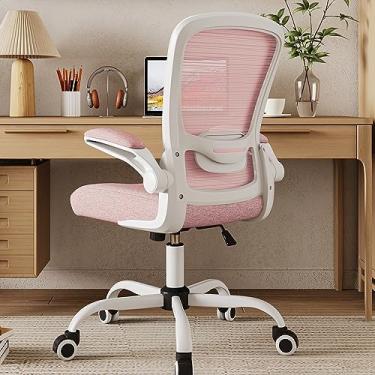 Imagem de Mimoglad Cadeira de escritório em casa, cadeira de mesa com encosto alto, cadeira de computador de malha ergonômica com suporte lombar ajustável e almofada de assento espessa (moderna, rosa espanhol)