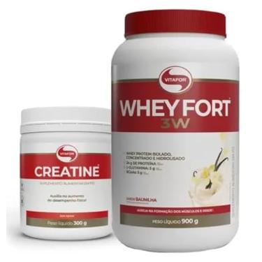 Imagem de Kit Whey Fort 3W Pote 900g Sabores + Creatina Vitafor 300g (900g+300g, Baunilha)
