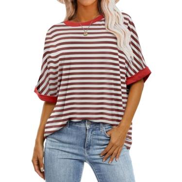 Imagem de ANRABESS Camisetas femininas grandes de manga curta gola redonda verão camisetas casuais soltas básicas 2024 roupas modernas, Z-listrado (marrom e branco), P