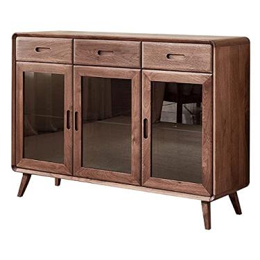 Imagem de Armário de armazenamento de madeira com 3 gavetas, 3 armários de vidro buffet - aparador de entrada, armário de armazenamento para casa, cozinha, sala de jantar