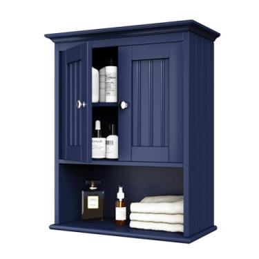 Imagem de Treocho Armário de parede de madeira, armário de remédios de banheiro com portas e prateleira ajustável, armário rústico montado na parede para banheiro, sala de estar, cozinha, azul