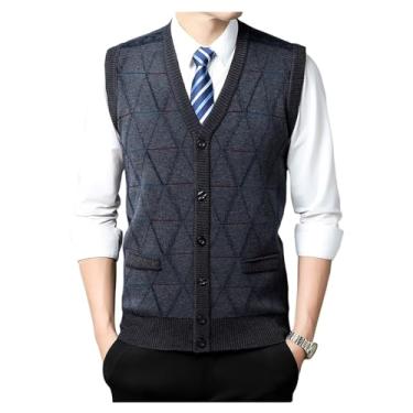 Imagem de Cardigã masculino gola V Jacquard tricotado sem mangas colete leve negócios suéter trespassado, Cor 4, XG