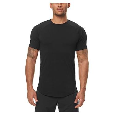 Imagem de Camiseta masculina atlética de manga curta, secagem rápida, elástica, lisa, leve e agradável à pele, Preto, XG