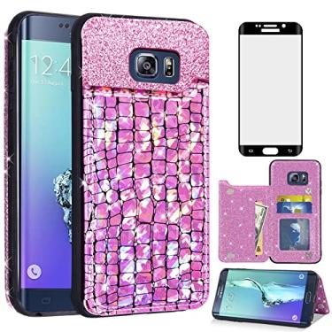 Imagem de Asuwish Capa carteira para Samsung Galaxy S6 Edge com protetor de tela de vidro temperado e suporte para cartão de crédito celular de couro brilhante Glaxay S6edge 6s 6 S 6edge mulheres meninas rosa