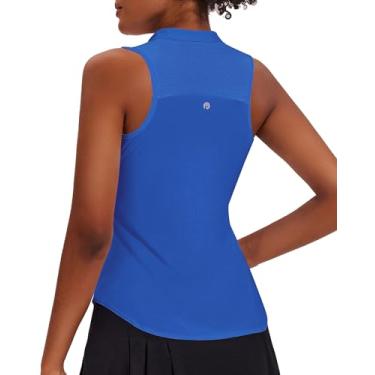 Imagem de PINSPARK Camisas de golfe femininas sem mangas FPS 50+ camisa polo tênis 1/4 zíper costas nadador camisetas de secagem rápida, Azul, G
