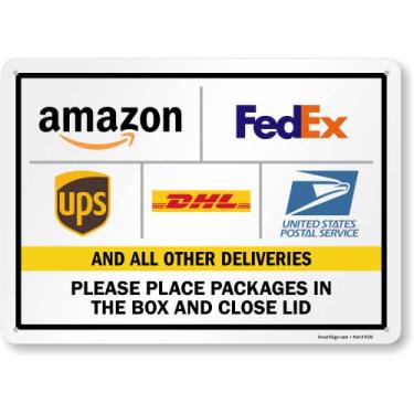 Imagem de SmartSign Placa de metal "Please Leave Packages in The Box and Close Lid" de 25,4 x 35,5 cm com logotipos de entrega, alumínio laminado à prova de ferrugem de 40 mil, multicolorido