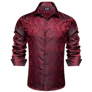 Imagem de Hi-Tie Camisas sociais masculinas de seda jacquard manga longa casual abotoada formal casamento camisa de festa de negócios, Preto e vermelho 1, GG