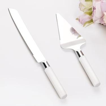 Imagem de Conjunto de corte de bolo para casamento, faca de bolo de madeira e conjunto de servir, conjunto vintage de 2 peças, cortador de bolo de torta, utensílios de sobremesa de pizza prata, de casamento de 15 anos (branco)